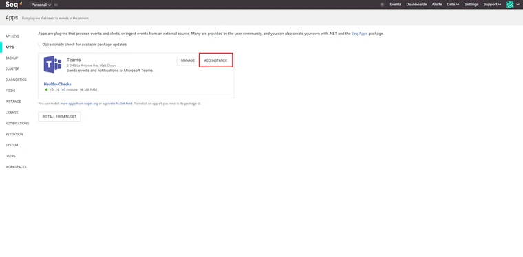 Seq Apps頁面Teams新增實例按鈕