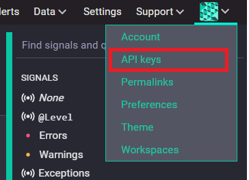 Seq 後台帳號選單中紅框標示的 API keys 選項
