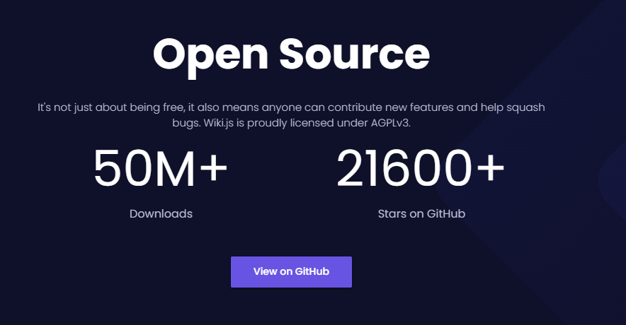 Wiki.js 開源資訊，顯示五千萬下載與兩萬GitHub星數