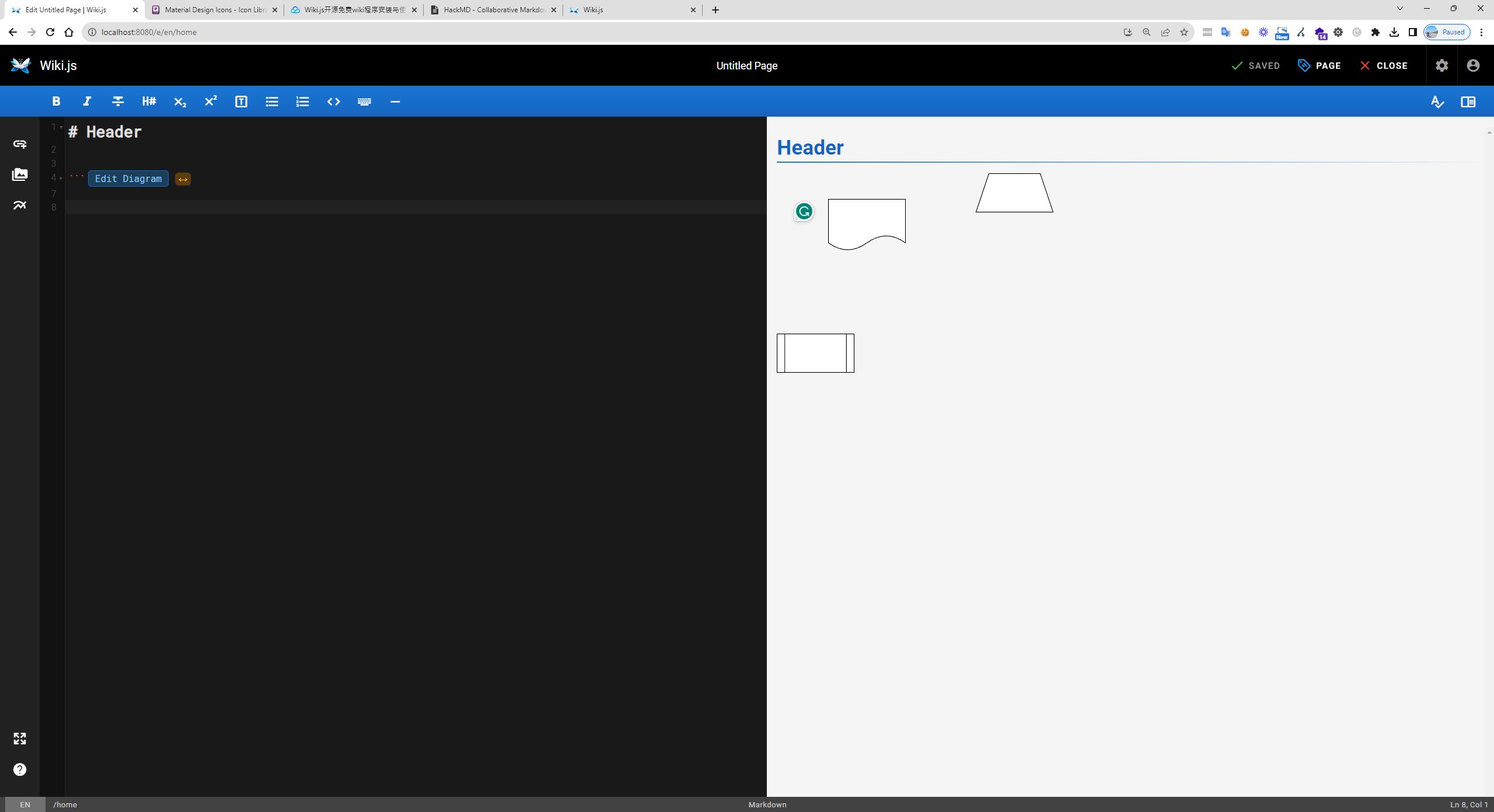 Wiki.JS 編輯器顯示 Markdown 與流程圖預覽