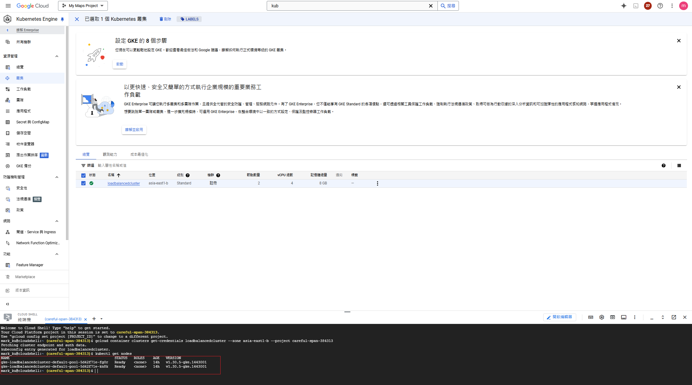 kubectl get nodes in cloud shell