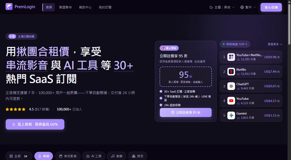 PremLogin homepage with the new-customer discount card and live best sellers