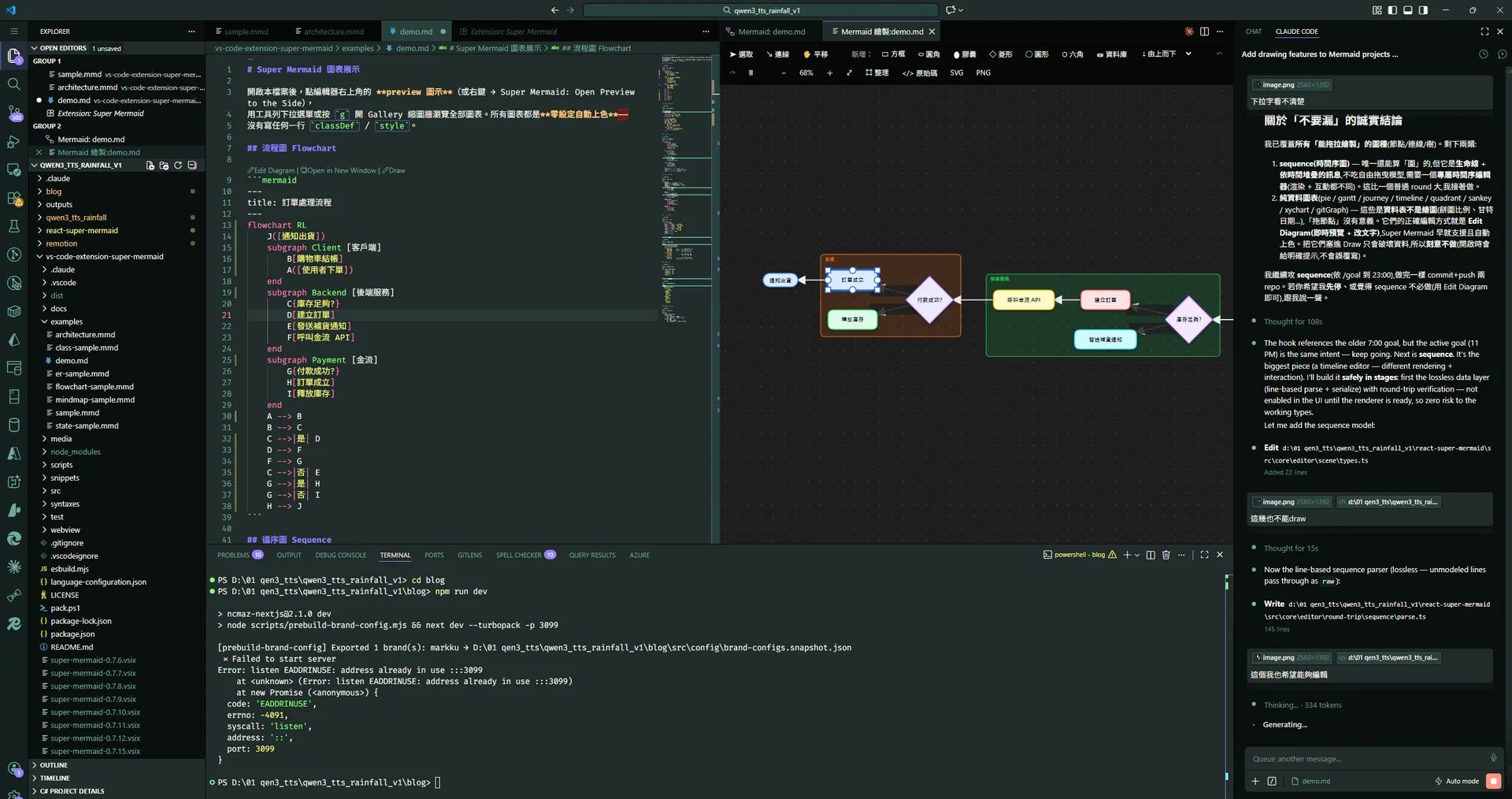 Editing an order-flow diagram with Super Mermaid's visual draw editor in VS Code, with the Claude Code panel on the right