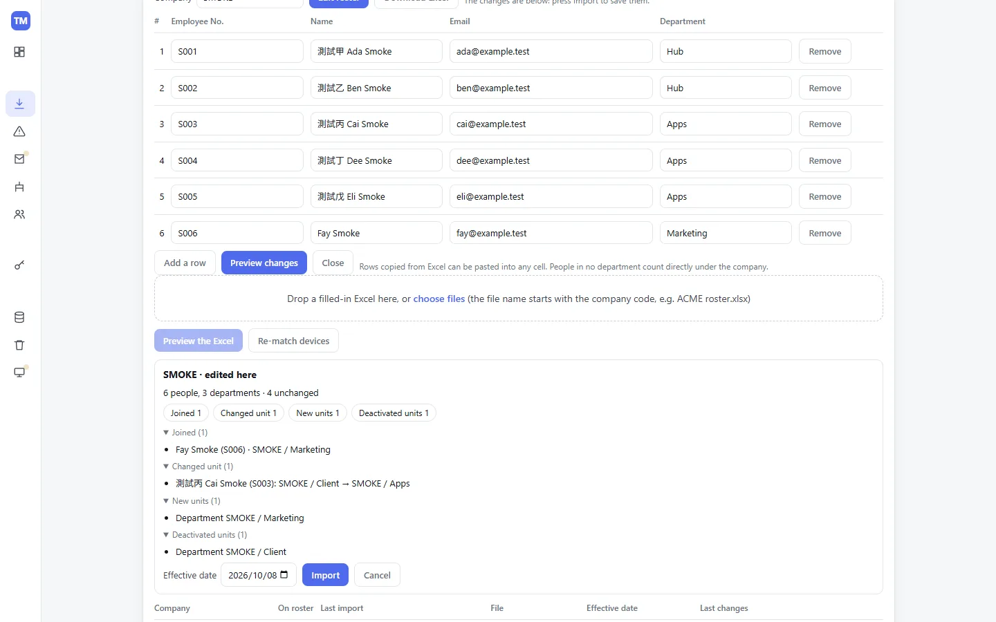 Preview the diff before importing: added, changed and deactivated people are listed separately, and nothing is written until you confirm. People missing from the roster are deactivated, never deleted.