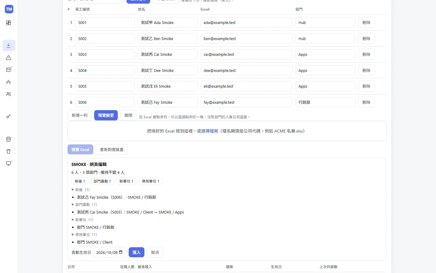 匯入前先預覽差異：新增、修改、停用的人各自列出來，確認了才寫入。名單上沒有的人只停用，不刪除。