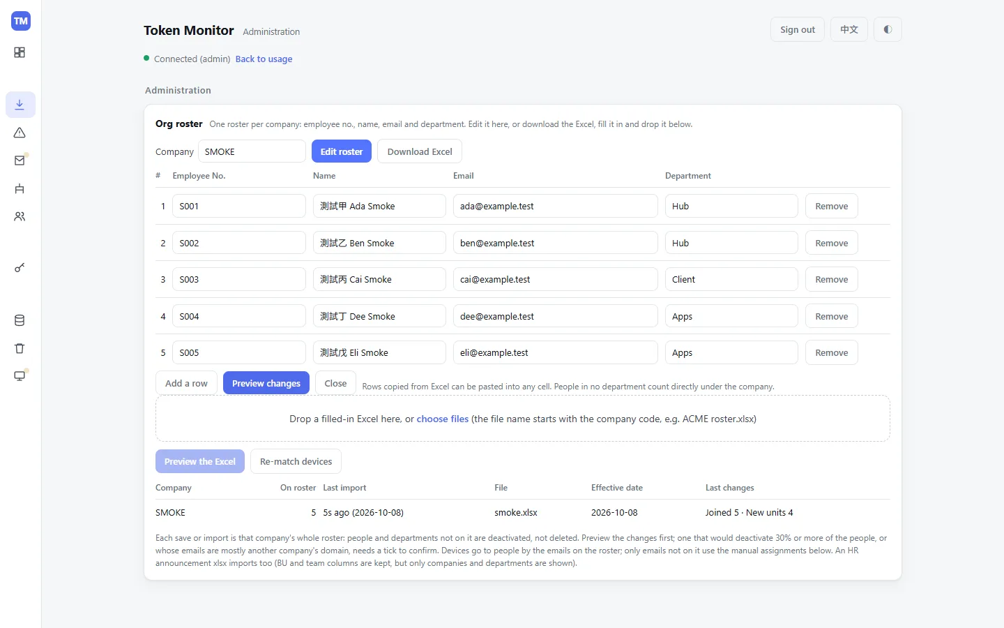 Org roster: one per company (employee ID, name, email, department). Edit it in the browser, or download the Excel template, fill it in and drop it back.