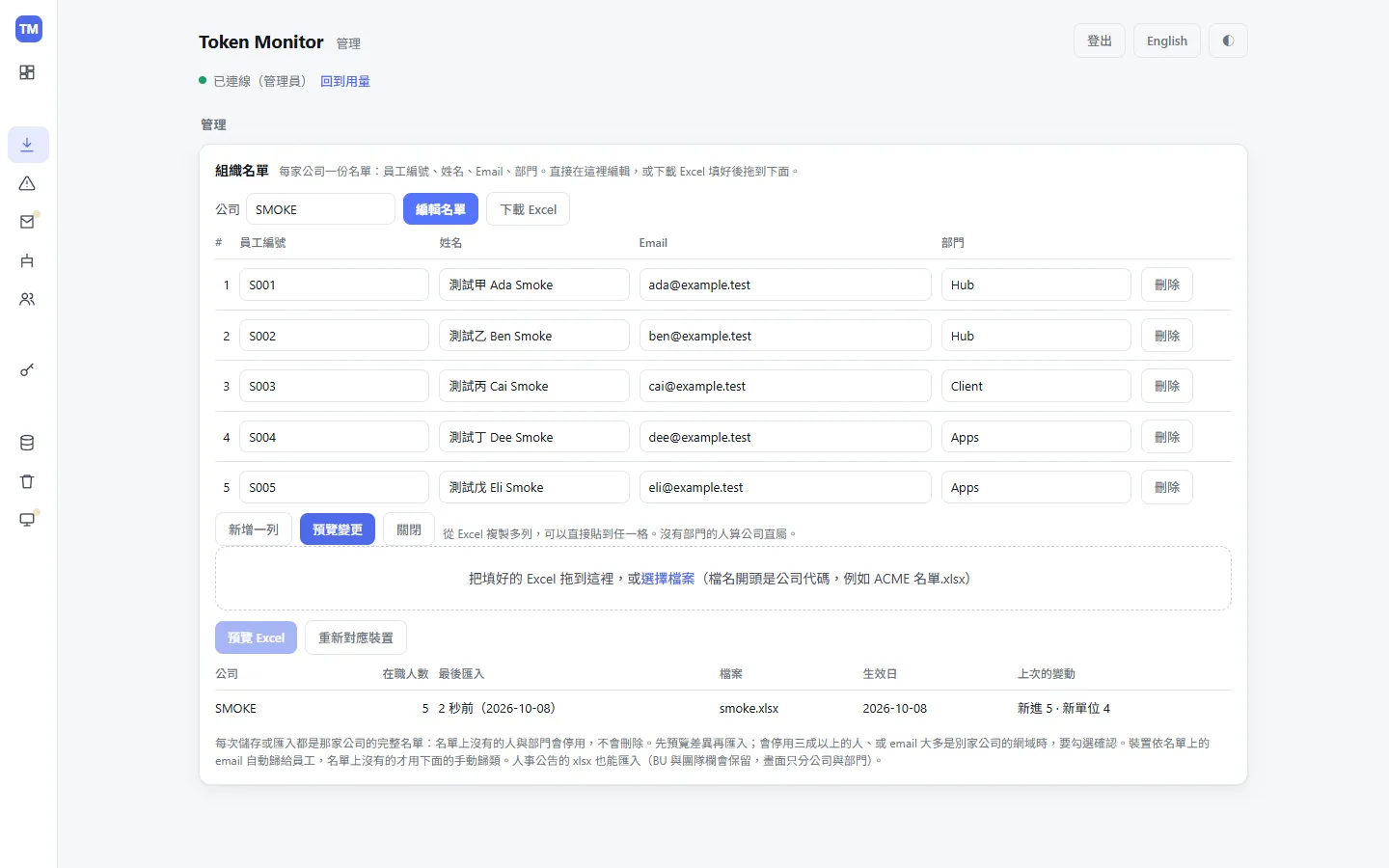 組織名單：每家公司一份（員工編號、姓名、Email、部門），直接在網頁上編輯，或下載 Excel 範本填好再拖回來。