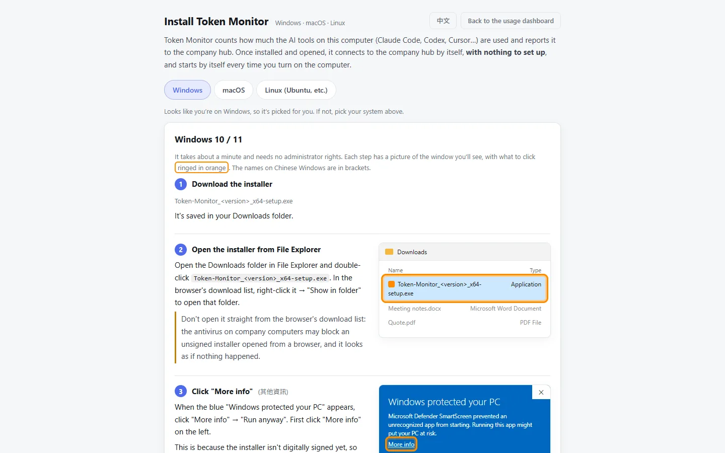 The install guide (/install): a tab each for Windows, macOS and Linux, preselected for the visitor. Every step shows a drawing of that window with the button to press circled in orange.