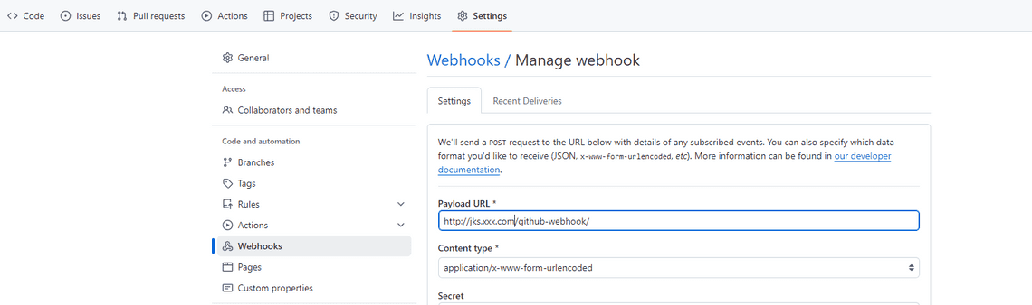 Github webhook setting